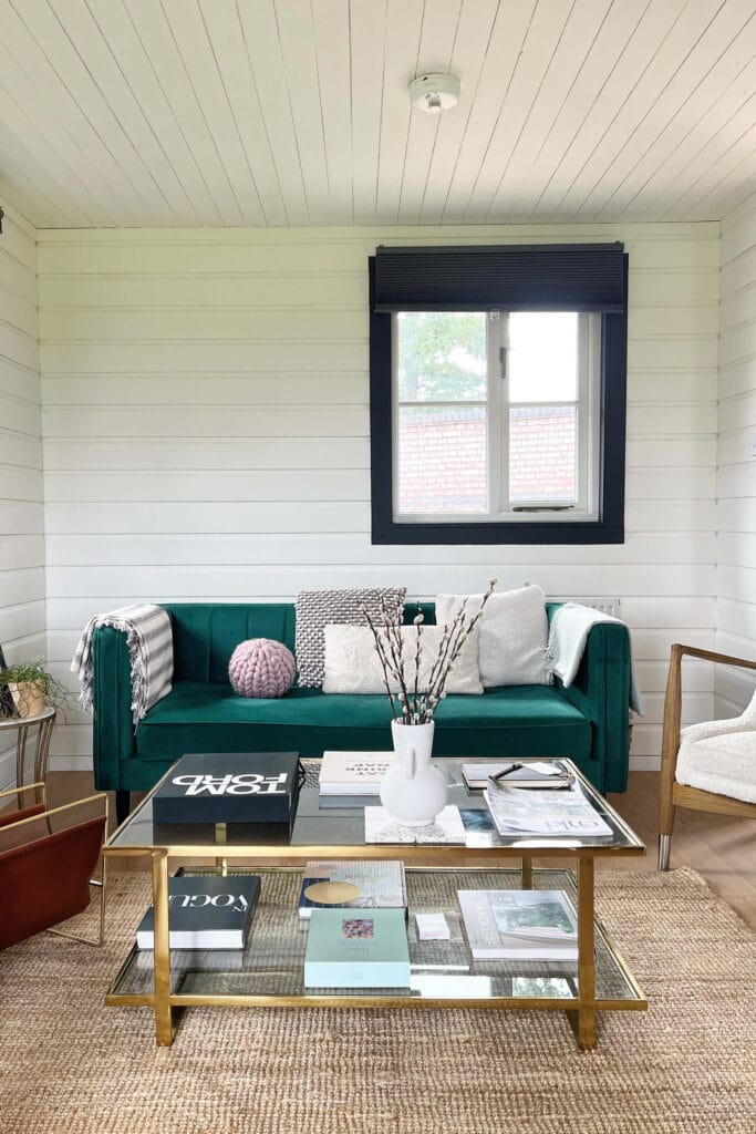 Living area at Airbnb Callow End Chalet, styled by Megan Ace near Worcester and Malvern