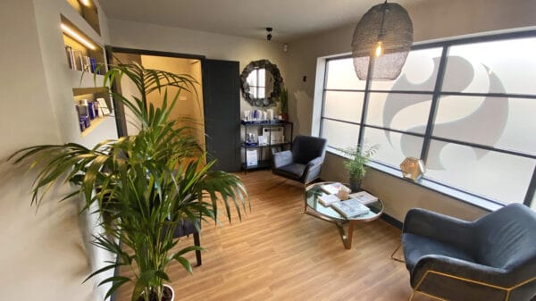 Interior design of So Aesthetics clinic reception area by Megan Ace Interiors, Worcester