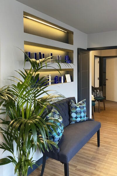 Interior design of So Aesthetics clinic reception area by Megan Ace Interiors, Worcester