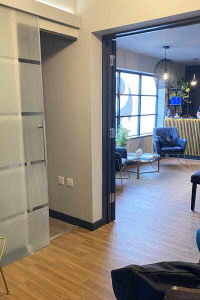 Interior design of So Aesthetics clinic reception area by Megan Ace Interiors, Worcester