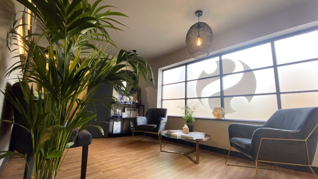 Interior design of So Aesthetics clinic reception area by Megan Ace Interiors, Worcester