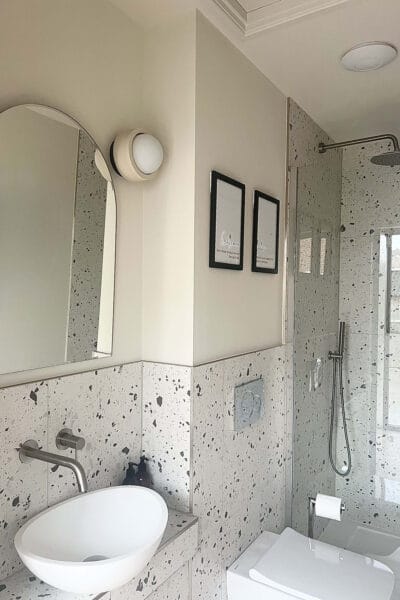 Modern en-suite bathroom for home gym in Worcester by Megan Ace Interiors